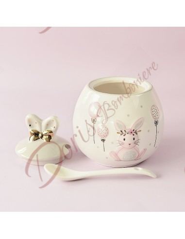 Nützliche Gastgeschenke Taufe Baby Mädchen Zuckerdose aus Keramik mit Hase und Schleife