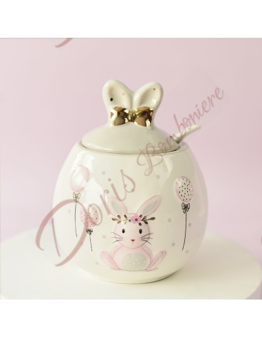 Bomboniere utili Battesimo Bimba zuccheriera ceramica con coniglietto e fiocco