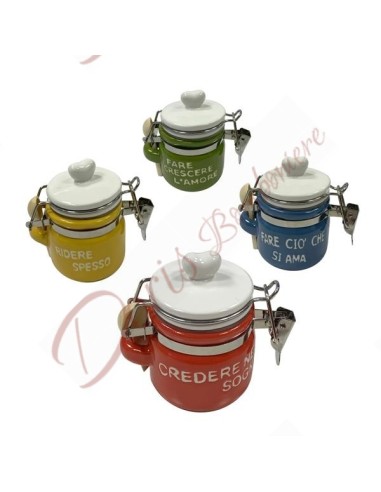 Airtight ceramic jar with wooden spoon assorted colors and phrases