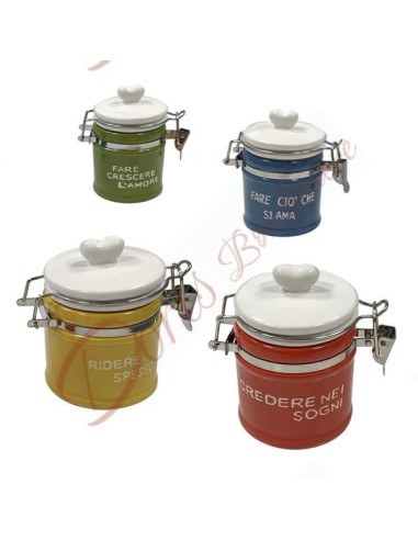 Airtight ceramic jar with wooden spoon, assorted colors and phrases, large size