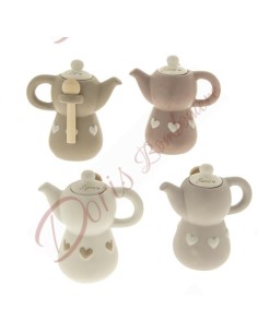 Useful favors round mocha sugar bowl assorted colors with hearts including wooden spoon 2