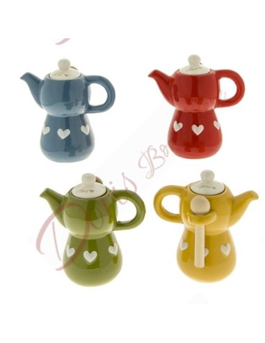 Useful favors round mocha sugar bowl in assorted shiny colors with hearts including wooden spoon