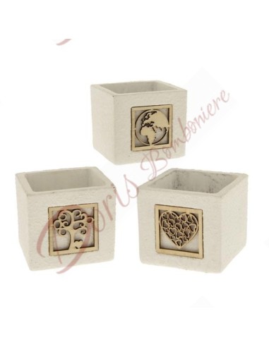 Bomboniere vaso per piantina con applicazioni in legno applicate assortite