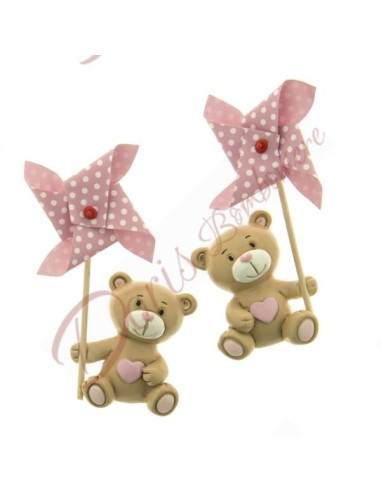 Aimant nounours avec émerillon pour faveurs de baptême bébé fille modèles assortis