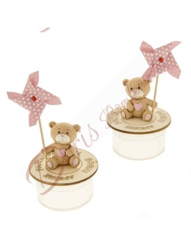 Bomboniere battesimo bimba portaconfetti in plexiglass con orsetto e girandola rosa