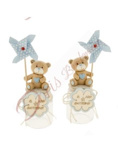 Baptism favors for baby boy, sweet candy jar with teddy bear and blue pinwheel