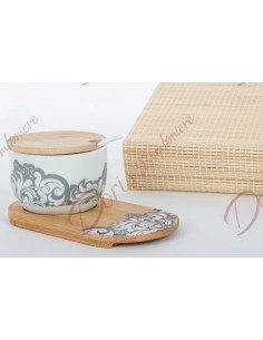 8x15x6 zuccheriera ceramica decorata con coperchio e base in legno stampato bianco e grigio D6326 Cuorematto Matrimonio