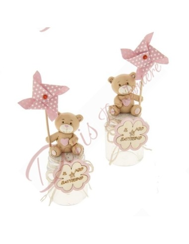 Taufgeschenke für Mädchen, süße Schachtel mit Teddybär und rosa Windrad