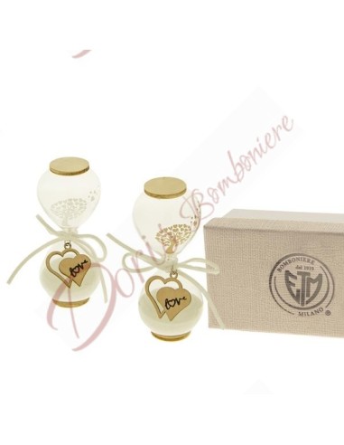 Hourglass favors with tree of life and love written in glass with wooden inserts height 10 cm with box