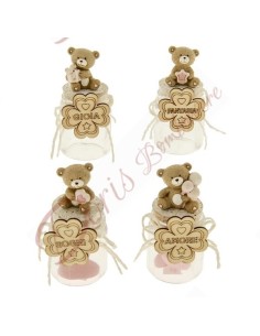 Baby girl baptism favors, glass candy jar with teddy bear, assorted versions 10 cm