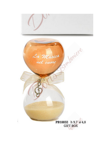 Music themed hourglass favor "music in the heart" with G key pendant 9.7 cm with box