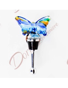 Bomboniera farfalla in vetro murano azzurra su tappo per bottiglia in metallo