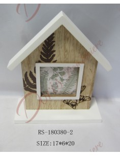 Faveurs de mariage cadre photo en bois en forme de maison avec feuilles et plumes 17x6x20cm