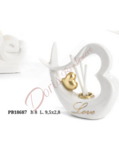 Wedding favors perfumer heart with love writing in white and gold porcelain 8 cm