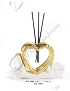 Bomboniere profumatore  LOVE con CUORE ORO 10.3 CM. porcellana con scatola