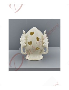 Bomboniere pumo ceramica bianca con led e fori a forma di cuore cm 11.5 cm altezza