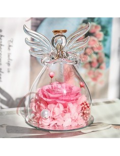 Bomboniere rosa e fiori rosa stabilizzati dentro un angelo in vetro soffiato h 10.5 cm CD0211410 Codos Design Fiori