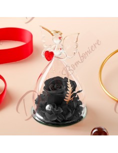 Bomboniere rosa stabilizzata con fiori neri racchiusi in angelo in vetro soffiato con cuore rosso cm 10x7 CD2021RS Codos Desi...