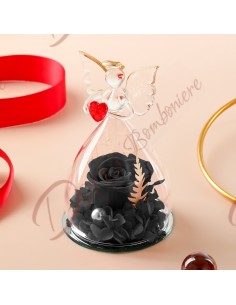 Stabilized pink favors with black flowers enclosed in a blown glass angel with red heart cm 10x7