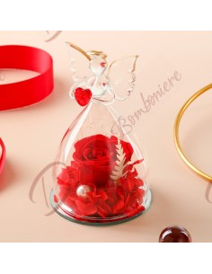 Bonbonnières roses stabilisées avec fleurs rouges enfermées dans un ange en verre soufflé avec coeur rouge cm 10x7