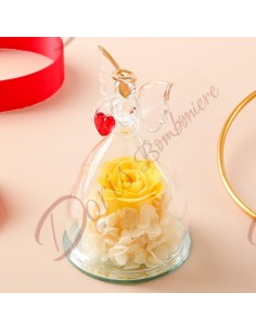 Stabilized pink favors with YELLOW flowers enclosed in blown glass angel with red heart cm 10x7