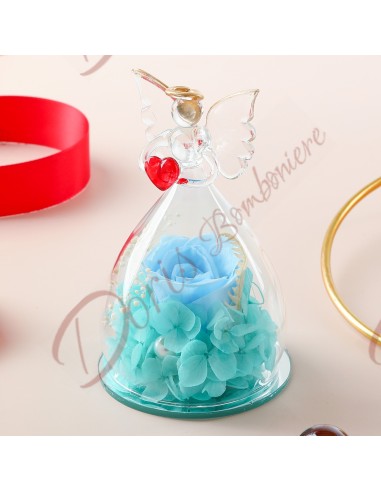 Stabilized rose favors with LIGHT BLUE flowers enclosed in blown glass angel with red heart cm 10x7