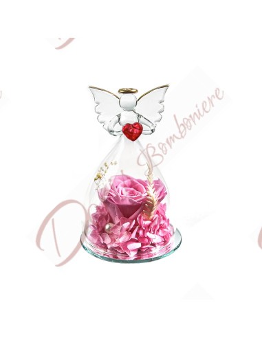 Bomboniere rosa stabilizzata con fiori colore ROSA racchiusi in angelo in vetro soffiato con cuore rosso cm 10x7