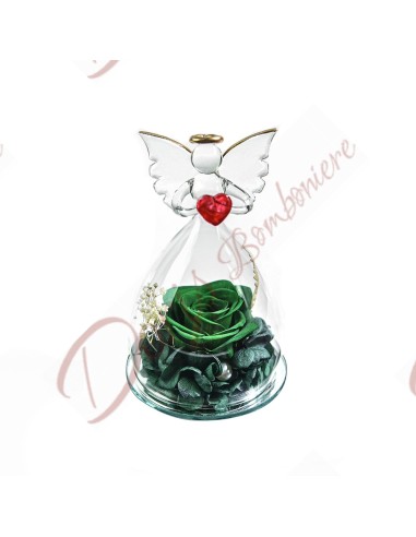 Stabilized pink favors with GREEN flowers enclosed in blown glass angel with red heart 10x7 cm