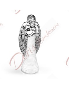 Ange en résine argentée avec robe blanche et coeur h 12 cm avec boite