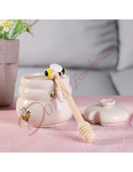 Ceramic honey holder favors with bees and sunflowers including wooden spoon Ceramic honey holder favors with bees and sunflowers including wooden spoon