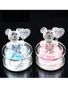 Teddy bear favors in light blue or pink crystal with led flower base - 9 cm diameter base