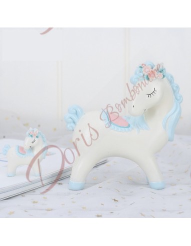 Bomboniera cavallo con dettagli azzurri  per bambino 14.5 cm battesimo comunione bimbo