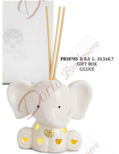 Bomboniere bimbo o bimba profumatore elefante con luce a led e cuore ORO 8.6 CM in porcellana con scatola