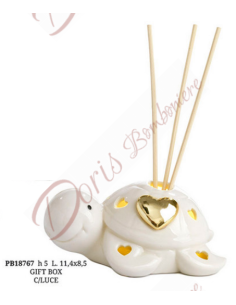 Bomboniera tartaruga porcellana bianca con cuore oro 11.4 CM con scatola e luce led 2