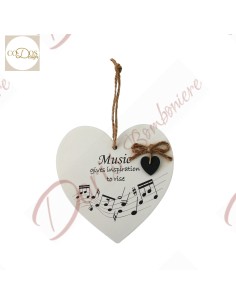 Bomboniere tema musicale cuore con frase scritta in legno tema musica 12x12 cm