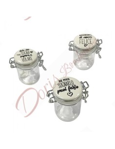 Airtight glass jar with white ceramic cap with 3 assorted phrases 6.5 cm high