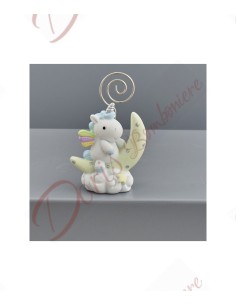 Bomboniere unicorno sulla luna clip con arcobaleno per battesimo bambino celeste alto 8 cm