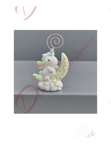 Bomboniere unicorno sulla luna clip con arcobaleno per battesimo bambino celeste alto 8 cm