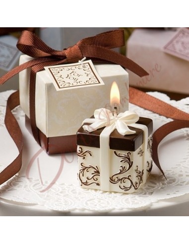 Bomboniere candela pacchetto regalo bicolore avorio e marrone con scatola