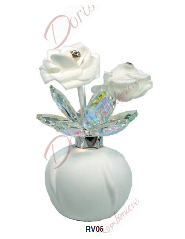 Bonbonnières CADEAUX en cristal parfumé blanc avec fleur Swarovski 7x10,5 cm fabriquées en Italie