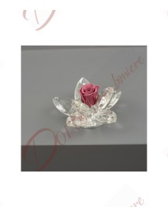 Bomboniera fiore cristallo con rosa stabilizzata disidratata colore rosa antico 8 petali con scatola a led cm 8
