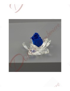 Bomboniera fiore cristallo con rosa stabilizzata disidratata colore blu petali con scatola a led cm 8