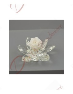 Bomboniera fiore cristallo con rosa stabilizzata disidratata colore petali rosa bianchi con scatola a led cm 11
