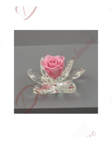 Bomboniere cristallo fiore con 8 petali con rosa stabilizzata eterna colore rosa cm 11 con scatola a led
