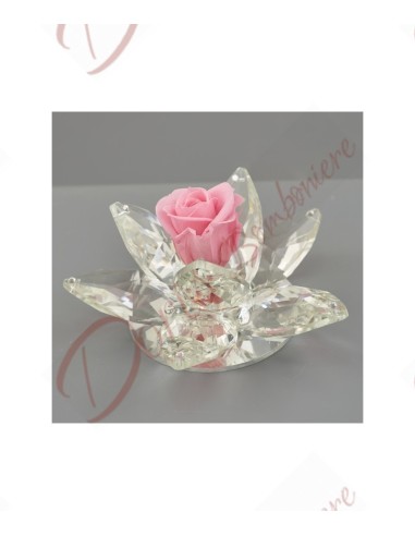 Crystal flower favors with 8 petals with stabilized eternal rose in pink color 13 cm with led box