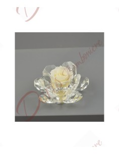 Bomboniere fiore stabilizzato rosa colore panna con base in cristallo LED 11 petali H.9X9X6CM