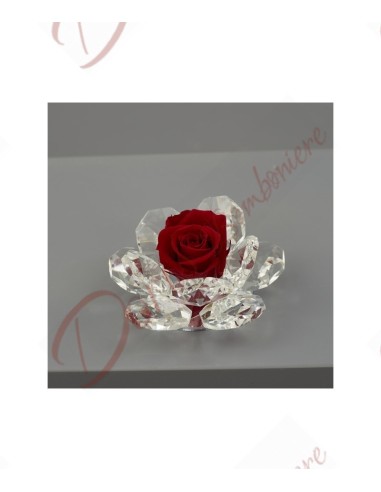 Favors stabilized flower rose red color with 11 petals crystal base H.9X9X6CM