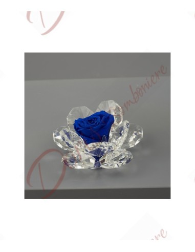 Bomboniere fiore stabilizzato rosa colore blu  con base in cristallo 11 petali H.9X9X6CM