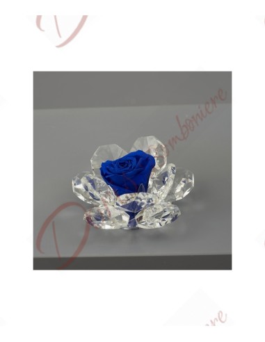 Favors stabilized flower rose blue color with 11 petals crystal base H.9X9X6CM