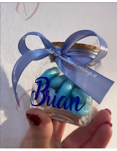 Bomboniera Barattolo portaconfetti in vetro con tappo in sughero con personalizzazione Bomboniera Barattolo portaconfetti in vetro con tappo in sughero con personalizzazione